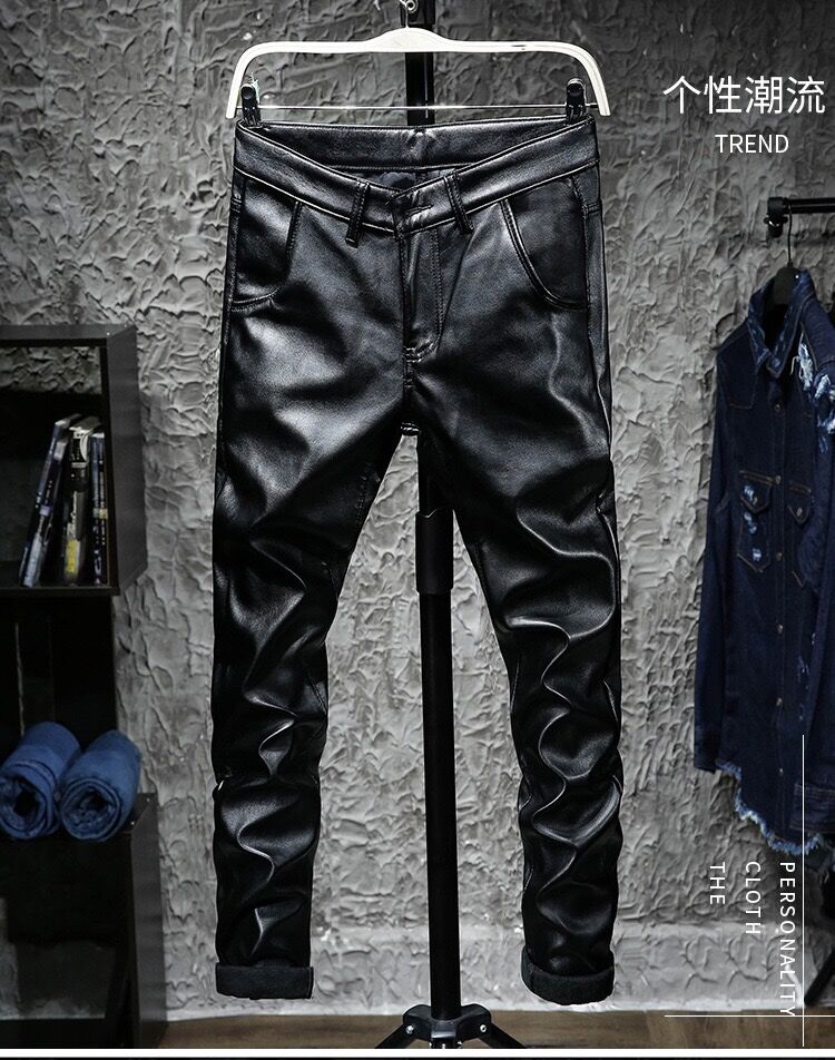 Cộng với quần nhung nam co giãn dày của Hàn Quốc Slim mùa thu và mùa đông mới pu da Slim triều nam chân xe máy quần legging nam