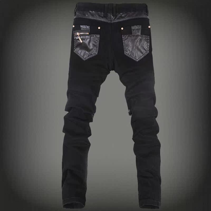 Quần lửng nam cá tính Phiên bản Hàn Quốc của mùa thu đông bó sát thời trang denim khâu pu rửa da Quần da chân xe máy quần kaki