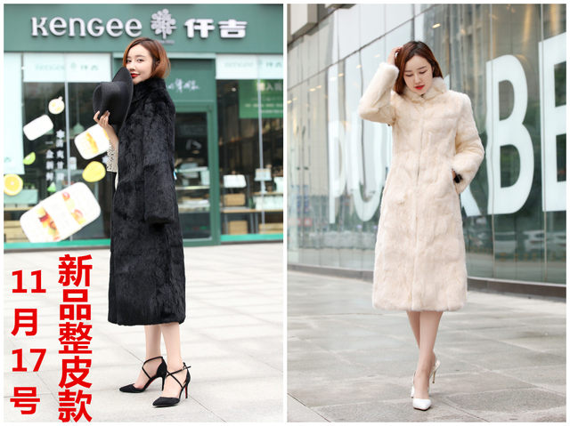 Off-season clearance large size real rabbit fur coat for women extra long rex rabbit stand collar long sleeve young style fur coat