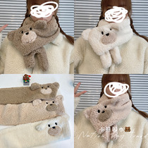 ins student cute plush bear scarf Japanese girl winter warm thick lamb cashmere cross scarf retro