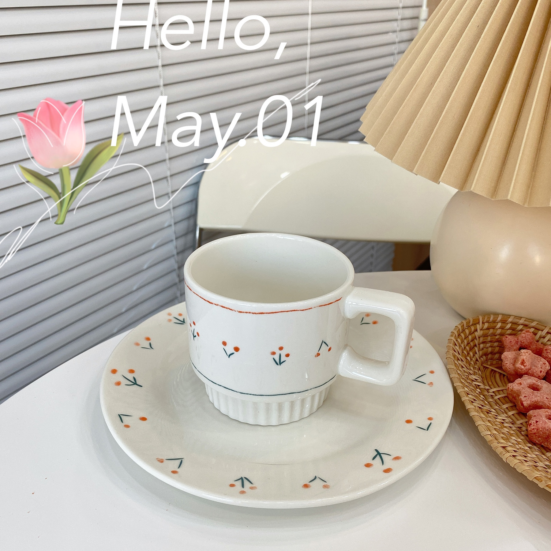 ns French girl heart flower coffee cup ceramic mug afternoon tea dessert household breakfast plate tableware retro