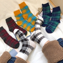 Wheat) British ins retro autumn and winter wild plaid pile mid-tube socks Basic warm student mens and womens cotton socks