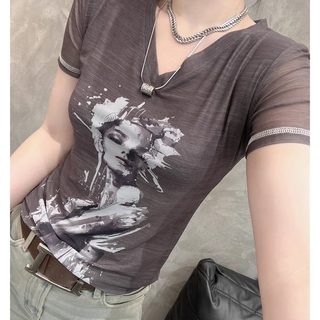 European mesh printed v-neck short-sleeved t-shirt for women summer thin slim-fitting fashionable t-shirt high-end big-name small shirt top