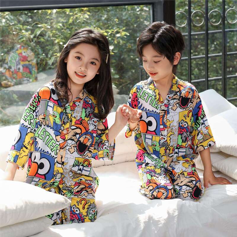 Parent-Kids Cotton Silk Pajamas Set Summer Kidsren's Air-Conditioned Clothes Family Clothes Bloomers Cotton Silk Thin Home Clothes