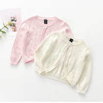 New female baby knit cardiovert jacket Korean version cute one grain buckle round collar thin children sweaters jacket summer