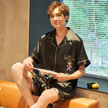 Short-sleeved pajamas mens summer thin ice silk suit Korean version of young mens large size home clothes can be worn outside in summer