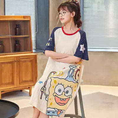 Nightdress women Summer cotton pajamas sweet and cute students loose Korean home wear casual suit summer can be worn outside