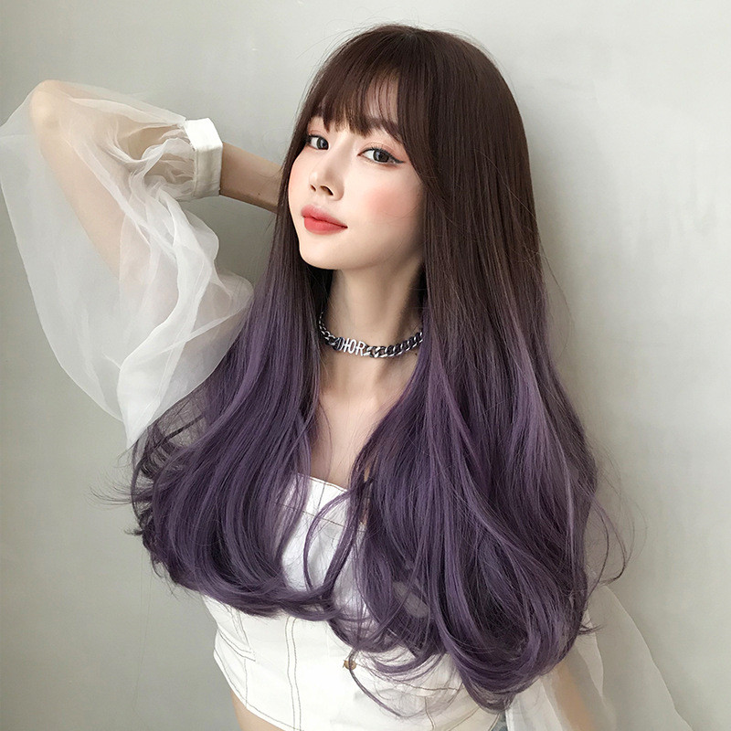 Air bangs lolita wig female long hair natural full headgear chemotherapy medium long hair gradient purple long curly hair