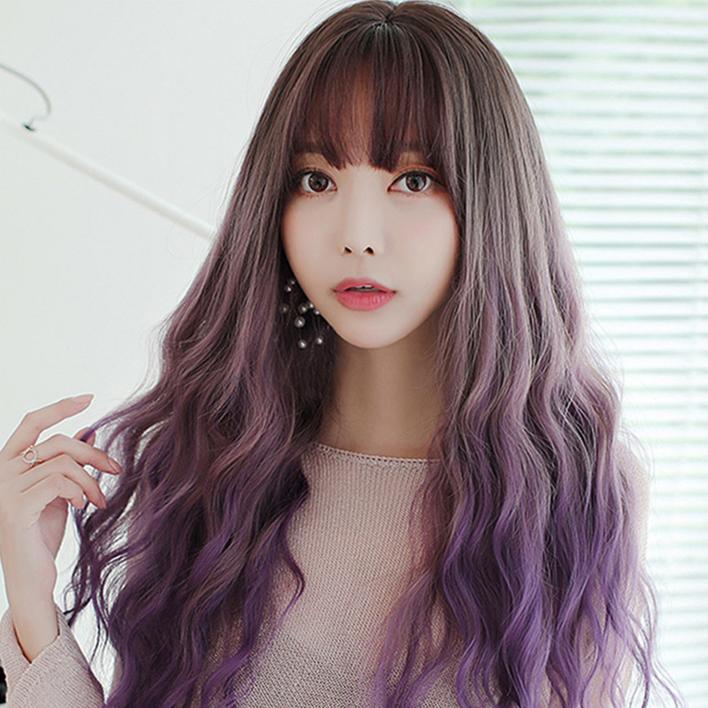 Orange wool roll wig female long hair natural full head cover long curly hair in long hair purple large wave foam face head