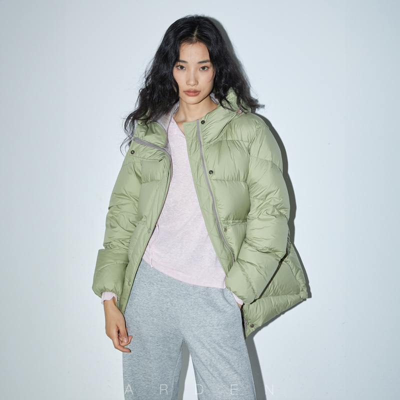 A Niche Design Matte Bean Paste Green Loose-Fitting Slimming Waist-Cinching Versatile Hooded 95% White Goose down Jacket