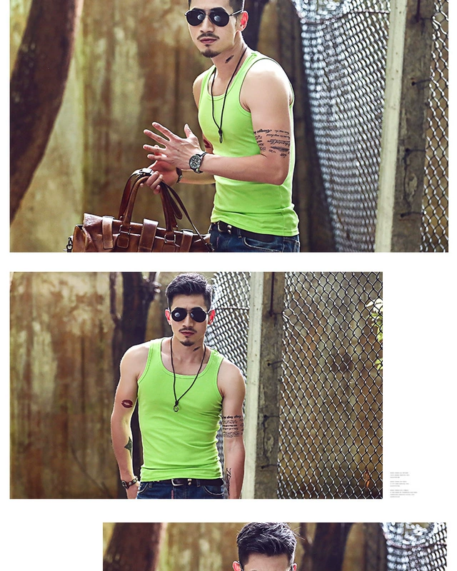 Lycra cotton tự canh cổ vuông vest nam triều chạm đáy thanh niên nam căng mọng mùa hè mồ hôi từ vest vest