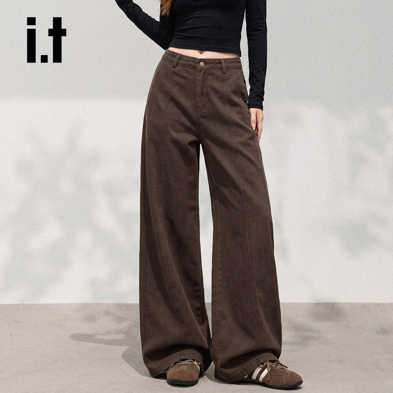 It: Chocoolate American Retro Coffee-Colored Denim Wide-Leg Pants for Women, Autumn and Winter, Loose and Slimming, Straight-Leg Pants with a Sycamore Pattern