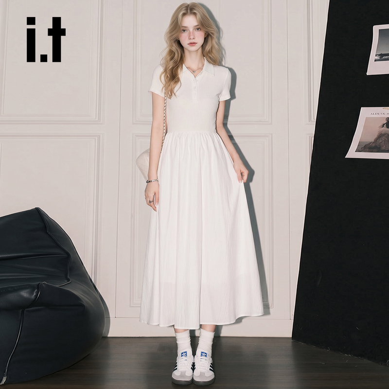 It: Chocoolate Korean-Style Sweet Polo Collar White Short-Sleeved Dress for Women, A-Line Waist-Cinching Long Skirt with a Large Hem It: Chocoolate Korean-Style Sweet Polo Collar White Short-Sleeved Dress for Women, A-Line Waist-Cinching Long Skirt with a Large Hem