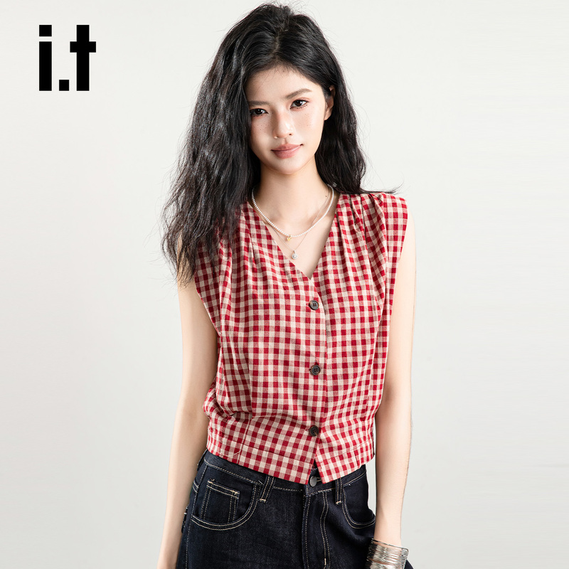 It: Chocoolate French Retro Red Plaid V-Neck Vest Top for Women Summer ins Sleeveless Waist-Cinching Top