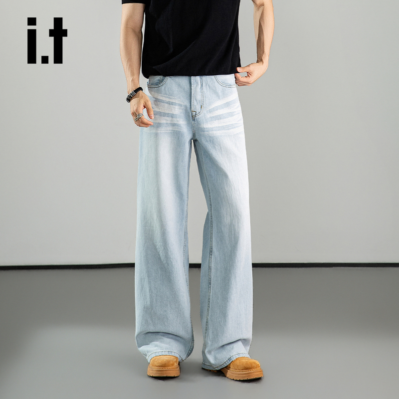 It:Chocoolate High-End Glacier Blue Wide-Leg Jeans for Men, Summer Retro Washed Loose Straight Pants