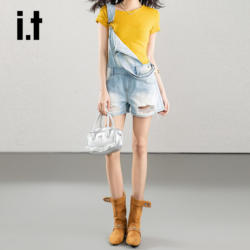 Chocoolate American-Style Spicy Girl Ripped Denim Overalls Shorts for Petite Women, Loose Wide-Leg Hot Pants