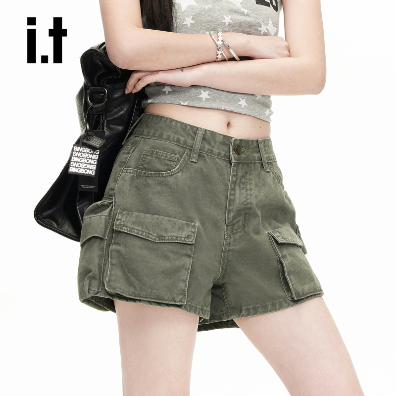 It:Chocoolate American Retro Military Green Workwear Denim Shorts for Women, Summer Design Loose Hot Pants