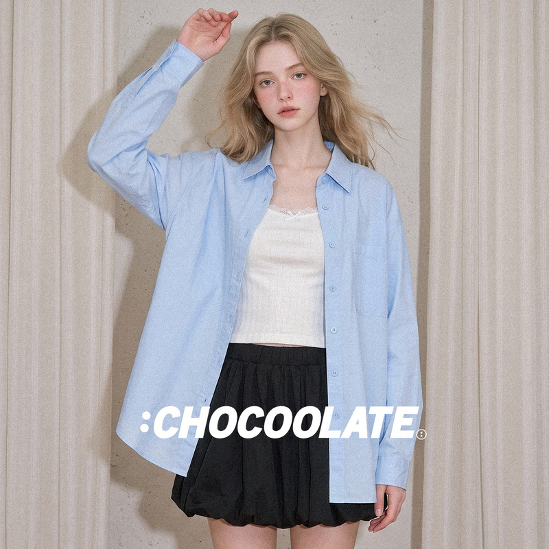 It: Chocoolate Preppy Style Blue Long-Sleeved Shirt for Women, New Autumn Style, Loose Lapel, Casual Slimming Top It: Chocoolate Preppy Style Blue Long-Sleeved Shirt for Women, New Autumn Style, Loose Lapel, Casual Slimming Top