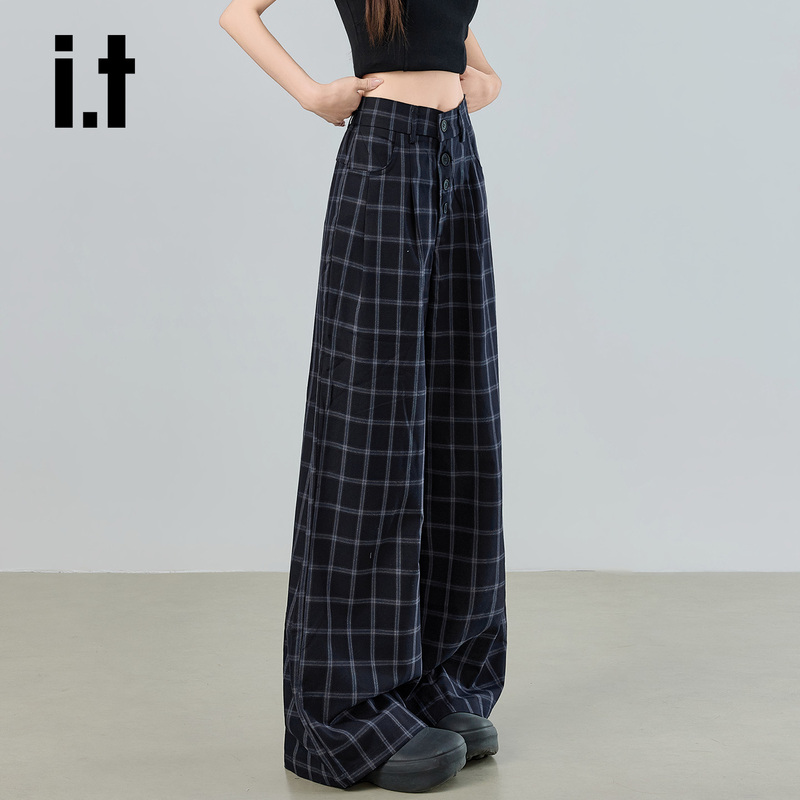 It: Chocoolate Retro Plaid Wide-Leg Casual Pants for Women, New High-Waisted Buttoned Loose Slimming Straight-Leg Pants