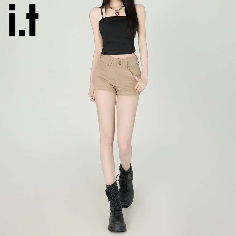 It: Chocoolate Khaki Denim Shorts for Women, Summer Slim Fit, Sexy, Hip-Hugging, Double-Breasted Hot Pants