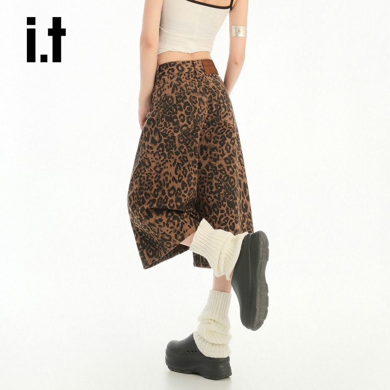 Chocoolate Retro Leopard Print Wide-Leg Cropped Jeans for Women, Loose Fit, Slimming, Petite Straight-Leg Mid-Length Pants