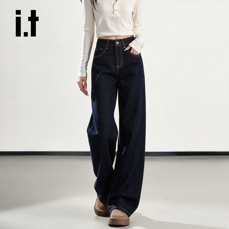 It: Chocoolate Denim Original Color Straight-Leg Fleece-Lined Jeans for Women, New Vintage Narrow Wide-Leg Pants for Autumn and Winter