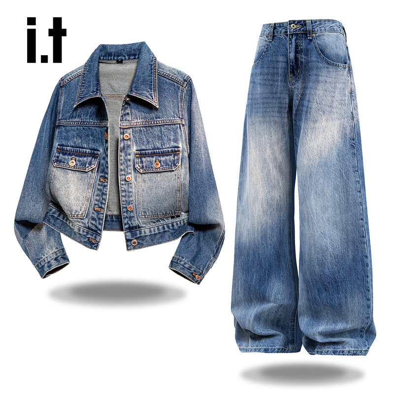 It: Chocoolate Summer Blue Denim Suit Lapel Jacket Wide-Leg Scimitar Pants Women's Two-Piece Set It: Chocoolate Summer Blue Denim Suit Lapel Jacket Wide-Leg Scimitar Pants Women's Two-Piece Set