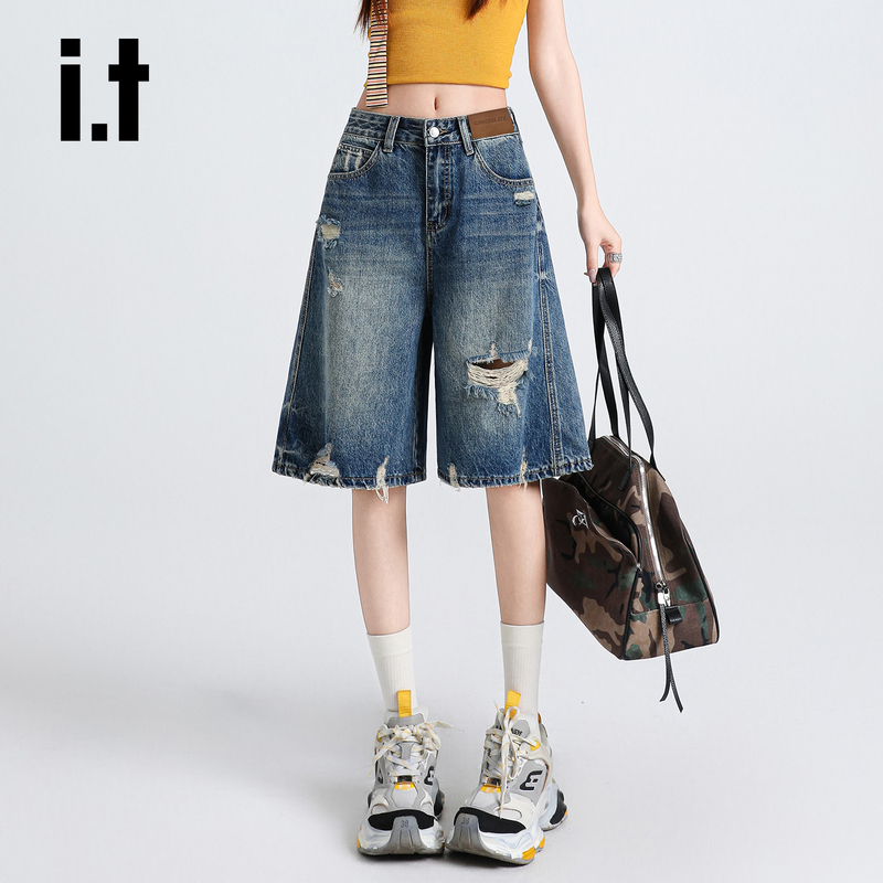 It: Chocoolate American High Street Ripped Denim Shorts for Women, New Summer Style, Loose Wide-Leg Five-Point Pants
