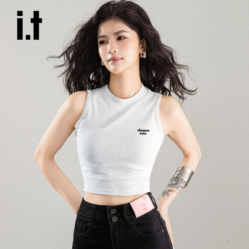 It:Chocoolate Gray Round Neck Printed Tank Top for Women 2026 Summer Short Slim Fit Sleeveless Top