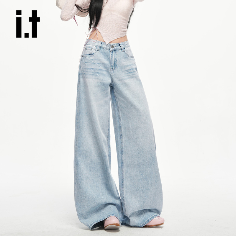 It: Chocoolate American Retro Light Blue Wide-Leg Jeans for Women, High-Waisted, Loose, Straight-Leg, Floor-Length Pants