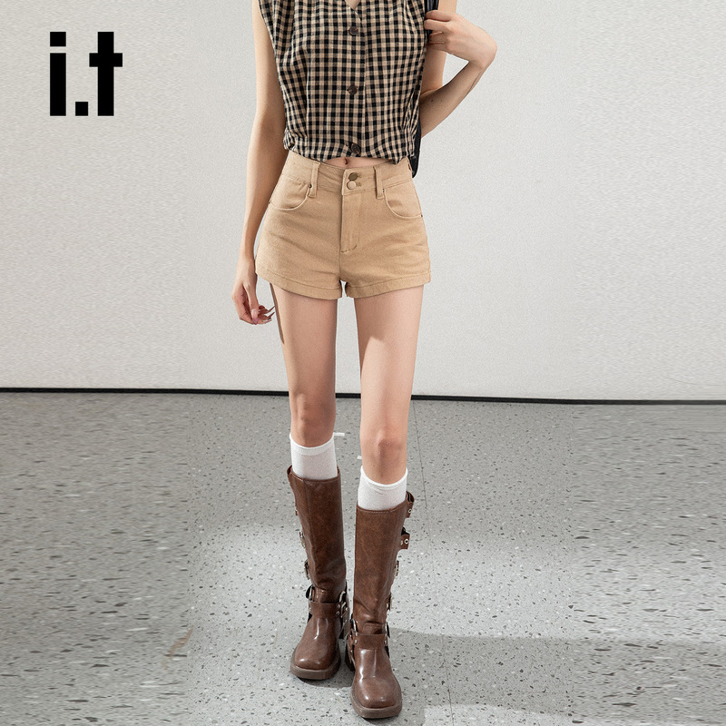 It:Chocoolate Retro Khaki Double-Button Denim Shorts for Women, Summer Hot Girl Slim Fit Hip-Hugging Hot Pants