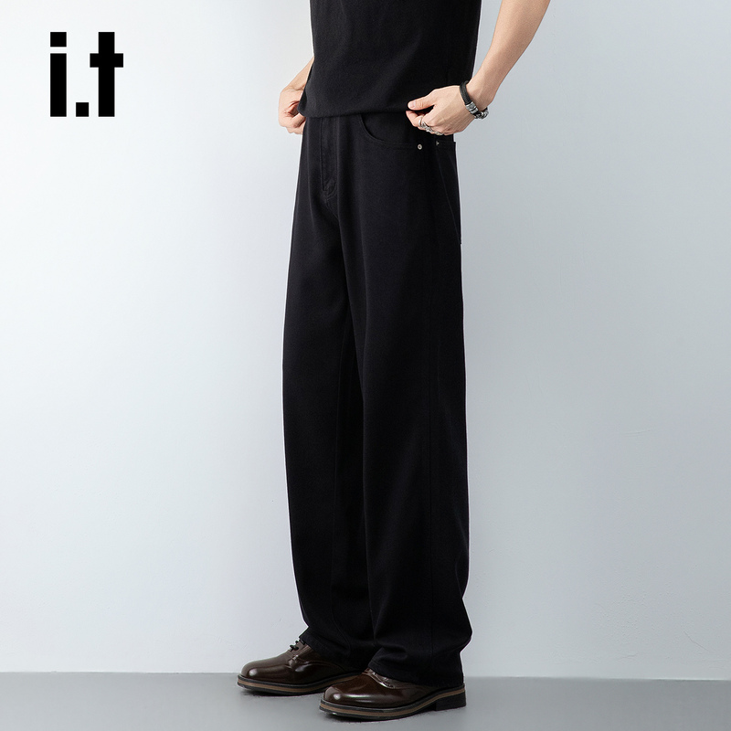It: Chocoolate Black Straight-Leg Jeans for Men, Lyocell Tencel Summer Thin Loose Wide-Leg Pants