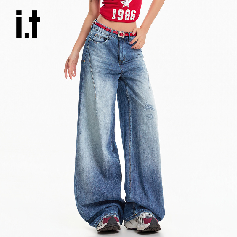 Chocoolate American-Style Washed Blue Wide-Leg Jeans for Women, Designed to Be Loose and Slimming, Floor-Length Pants