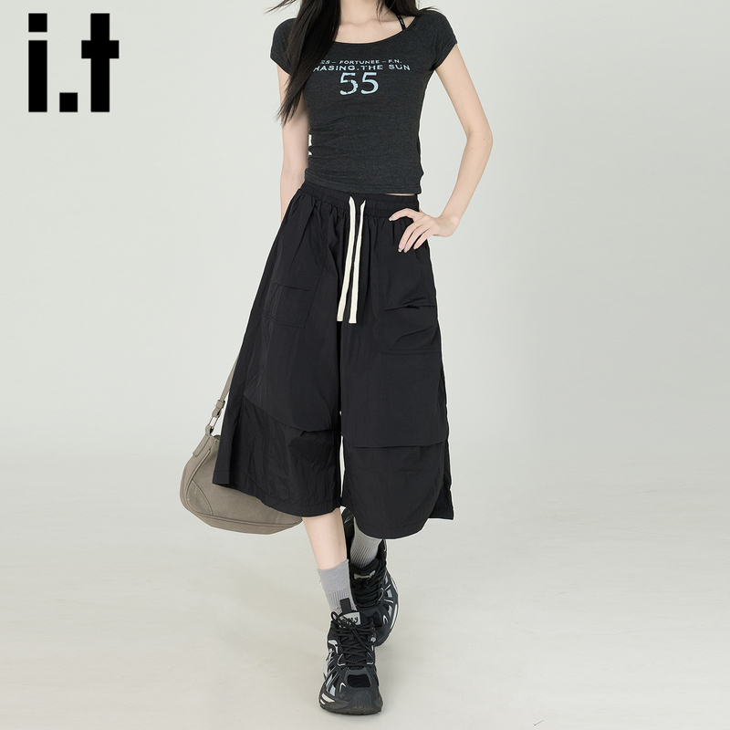 It: Chocoolate Black Casual Workwear Capri Shorts for Women 2026 Summer Thin Quick-Drying Elastic Waist Mid-Length Pants