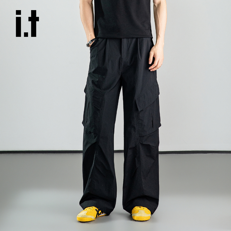 Chocoolate Black Wide-Leg Cargo Pants for Men, Summer Thin Loose Fit Multi-Pocket Drapey Casual Long Pants