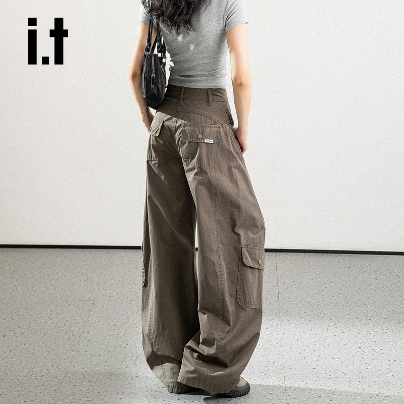 It: Chocoolate American High Street Military Green Scimitar Casual Pants for Women, Design-Focused Loose Wide-Leg Cargo Pants
