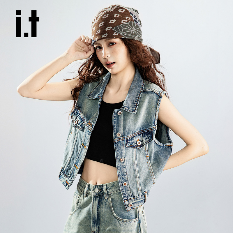 It: Chocoolate Retro Denim Style Sleeveless Vest for Women, Summer Lapel Single-Breasted Versatile Waistcoat Top