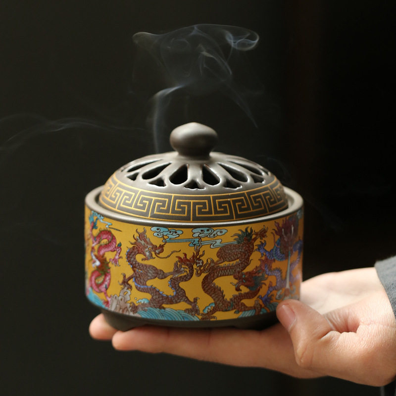 Ceramic Jingtai Blue Incense Stove Handicraft Swing Accessories back-back Incense Stove Creative home room Incense Stick-in-the-scente Enamel Color