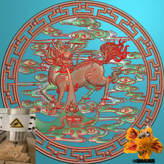 Hollowed-out Kirin round hanging plaque with thread relief Toulded stone engraving flowers and birds wood sculptures finely carved fig. jdpbmp