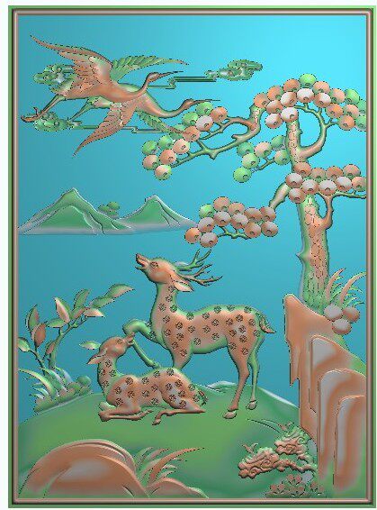 Fine carvings Songhe fawn crane crane with spring deer crane back plate door panel wood carving gray figure jdp5 21 relief figure