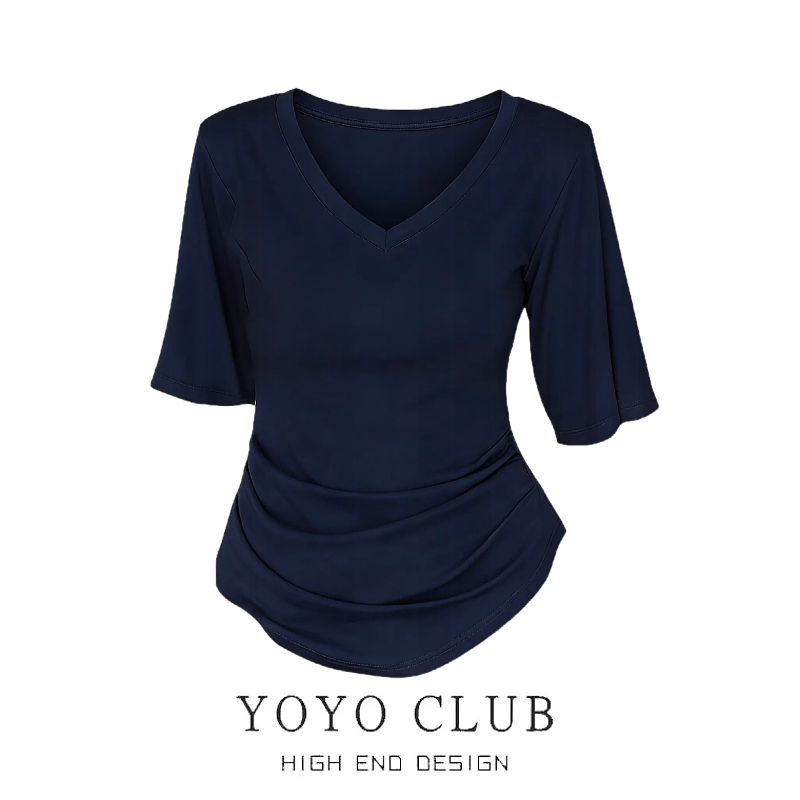 Brand Discount Summer New Fashion Design Flutter Sleeve V-Neck T-Shirt for Women, Casual Slim Fit Top for Slightly Plump Figures