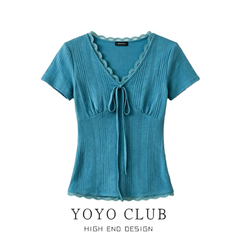 Brand Discount Blue V-Neck Lace-Trimmed Short-Sleeve T-Shirt for Women, Summer High-End Style, Super Stylish, Slim-Fit Top
