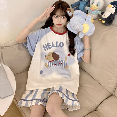 Chubby girl short-sleeved pure cotton pajamas for summer, cute cartoon, 200 pounds overweight and plus-size home wear set, 5XL
