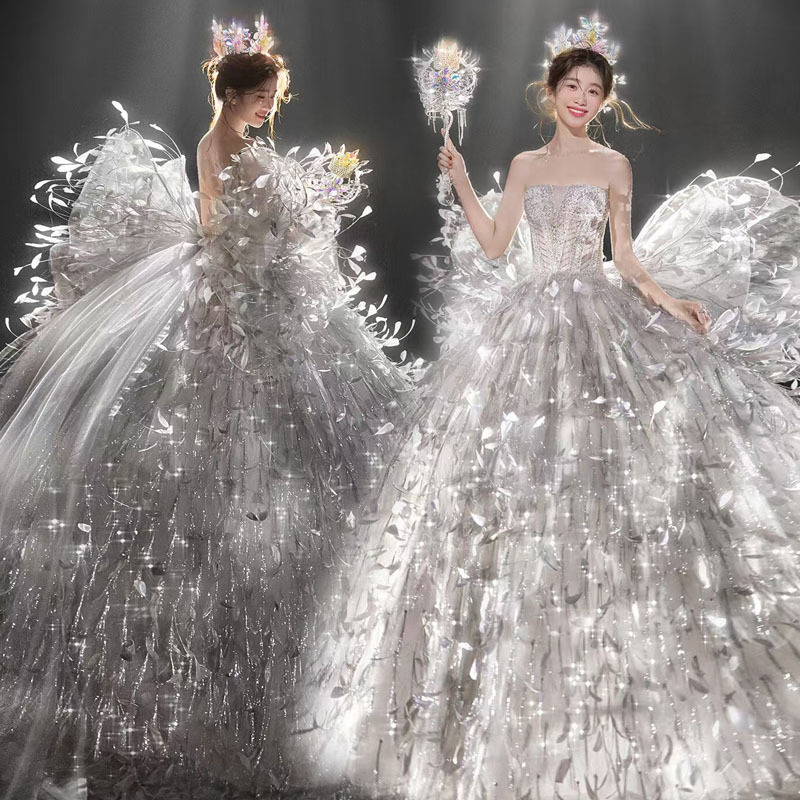 Photo Studio Shooting Theme Wedding Dress New High-End Long Train Sequin Feather Princess Style Luxurious Photography Couple Dress