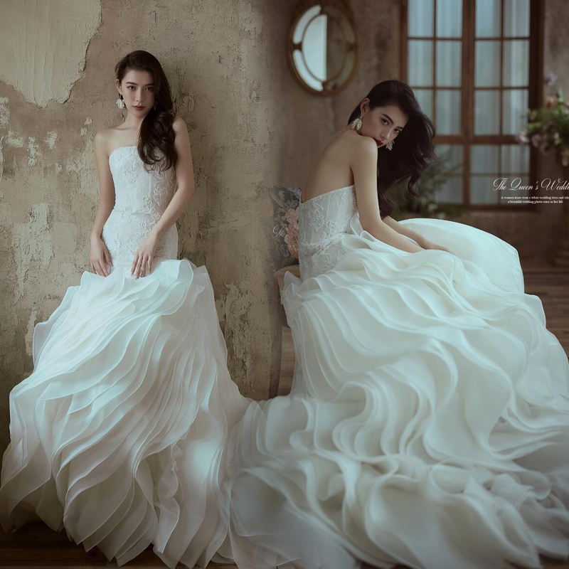 Tube Top Dress White High-End Retro Slim Tail Wedding Photo Studio New Theme Shooting Couple Clothing