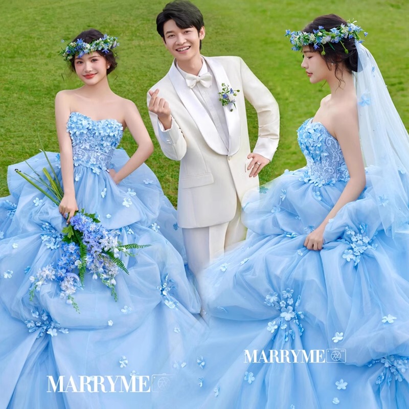 Blue Flower God Photo Studio New High-End Heavy Industry Flower Tail Wedding Dress Outdoor Travel Photography Couple Theme Photo Clothing