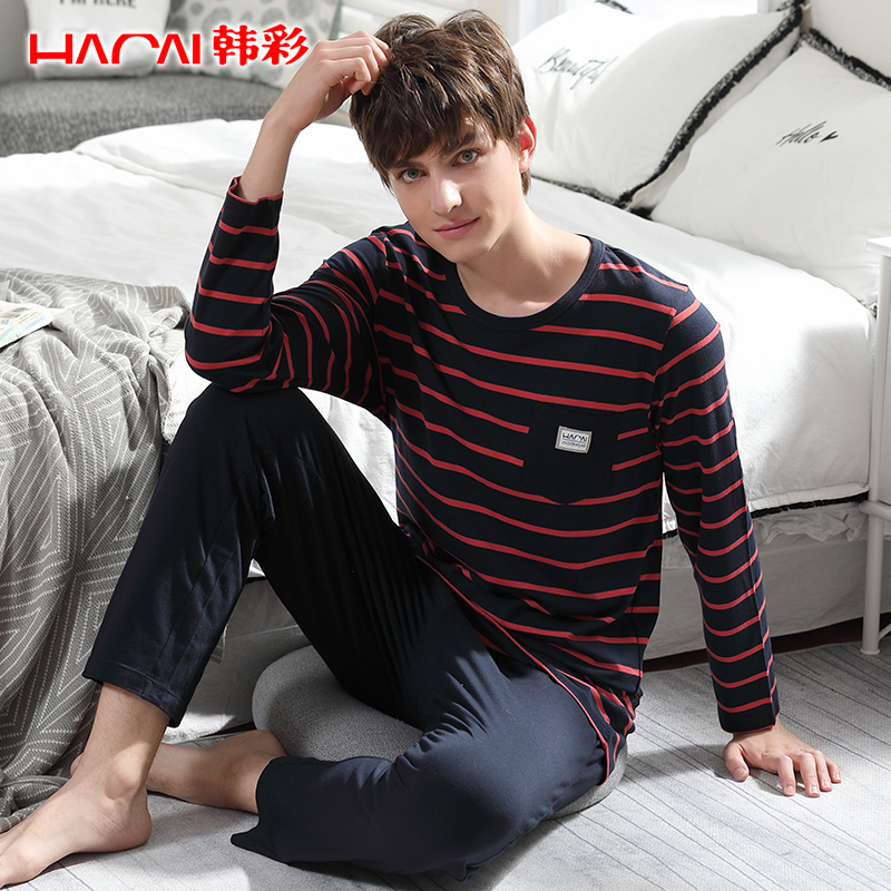 Hancai men's pajamas autumn long sleeve striped Modal cotton set casual loungewear loose can be worn outside
