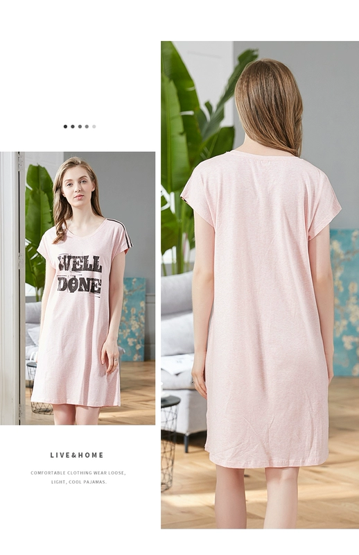 Han Cai 2018 new lady pyjama váy ngủ ngắn tay cotton thể thao giản dị váy bà bầu dài trung bình phục vụ tại nhà - Đêm đầm