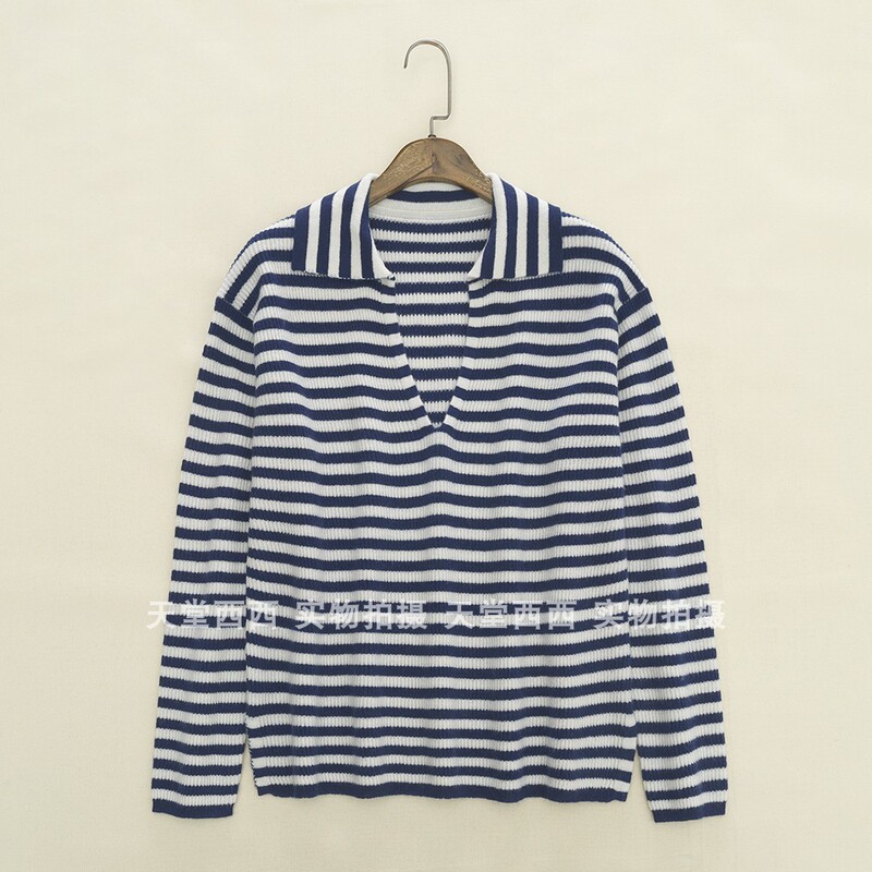 260250 Cabinet 1W+! Merino Wool! Navy Striped Polo Collar Knit Sweater for Women 0.33
