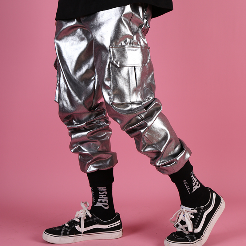 Hippo Fashion Silver Coated Pocket Pants Threaded Softpants Nightclub Tide Singer Stage Shop Pants